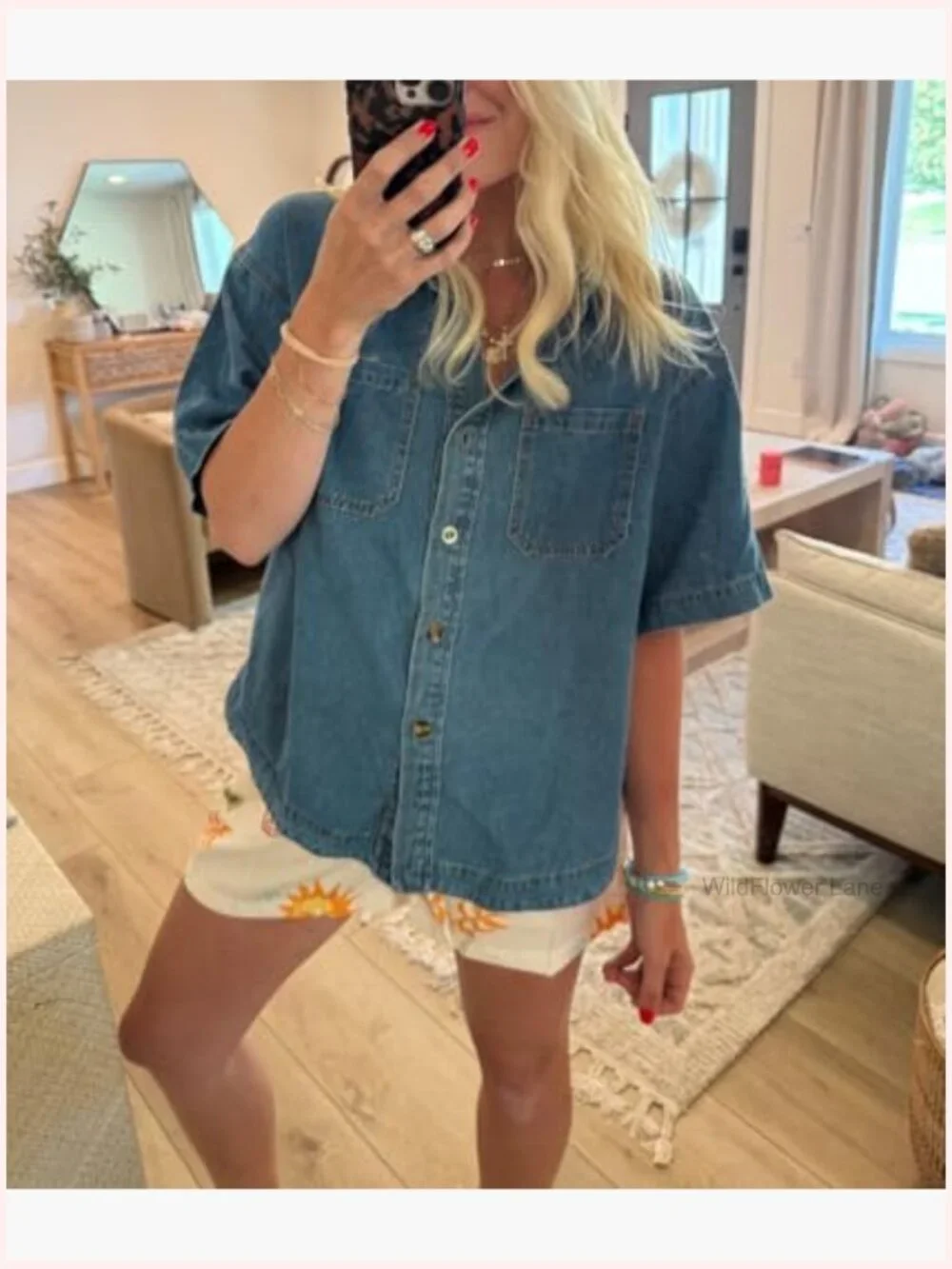 Women's Crop Denim Shirt Button Down Short Sleeve Oversized Jean Top - Picture 3 of 7
